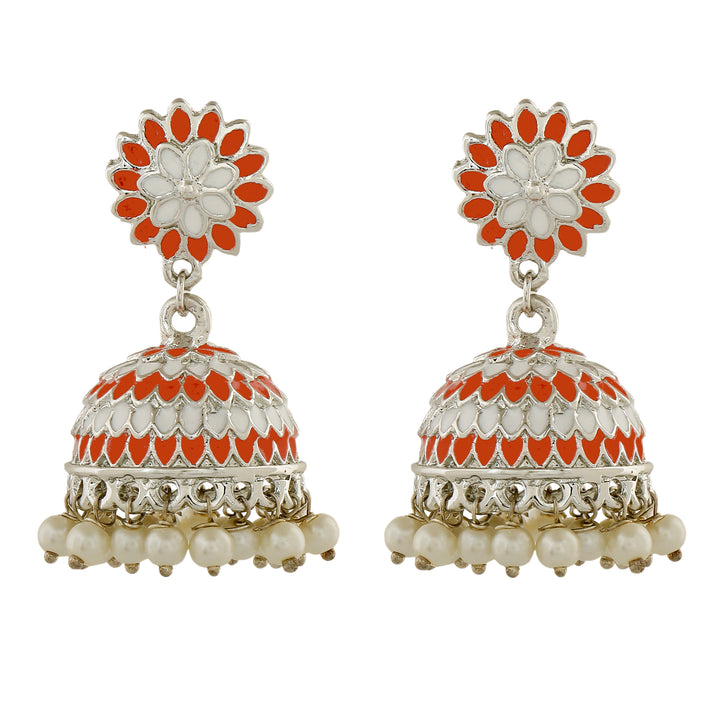 Estele Rhodium Plated Traditional Orange Meenakari Jhumka Earrings with Pearls for Women