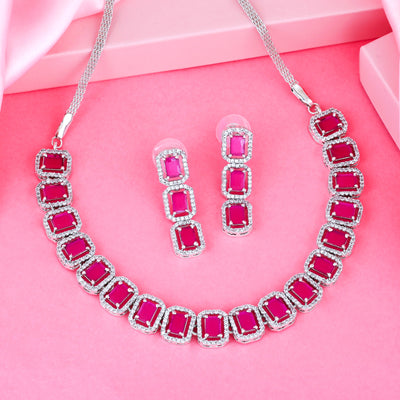 Estele Rhodium Plated CZ Ossum Octagon Necklace Set with Ruby stones for Women