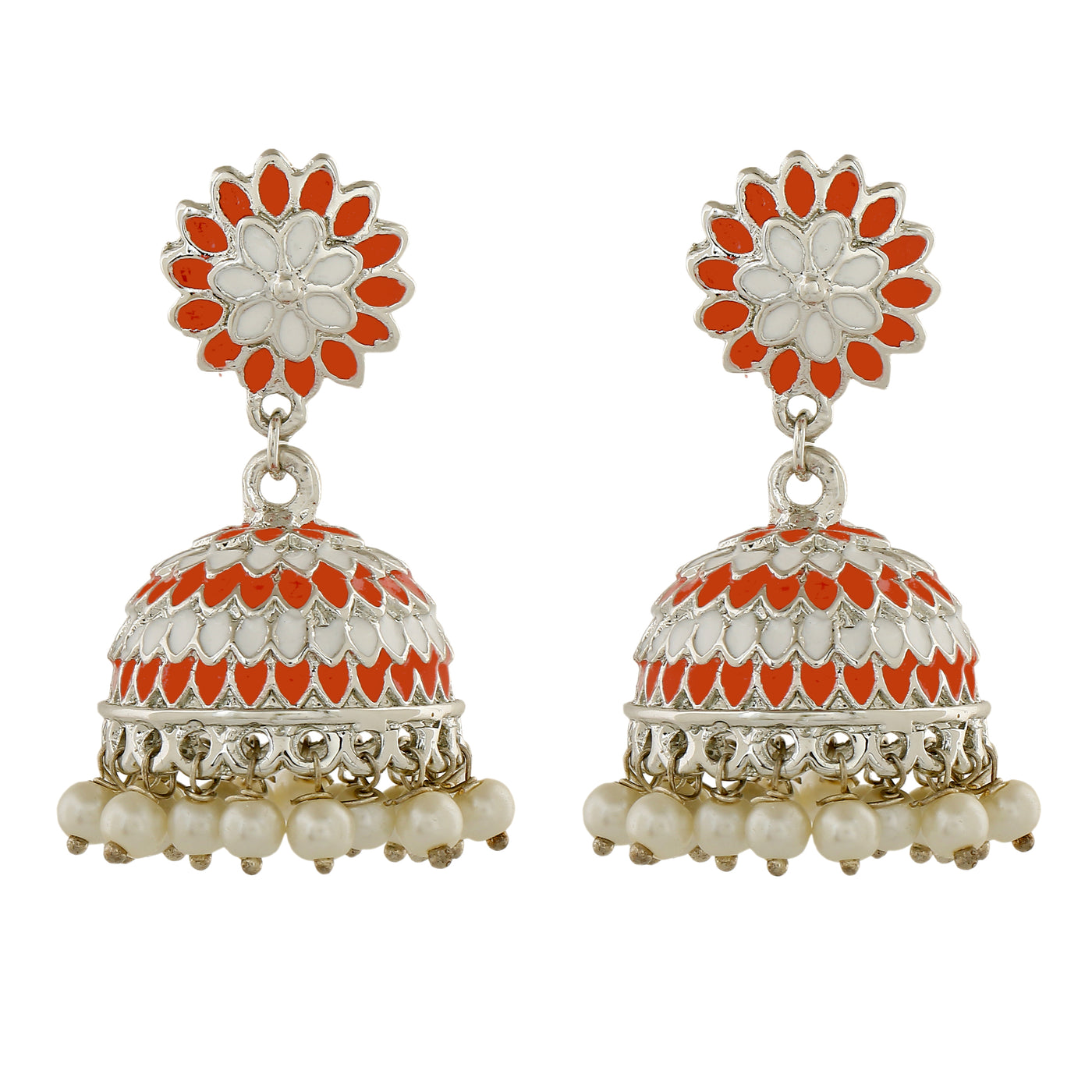 Estele Rhodium Plated Traditional Orange Meenakari Jhumka Earrings with Pearls for Women
