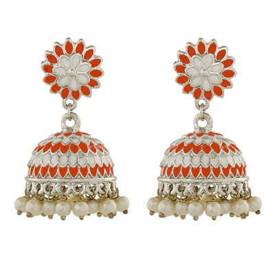 Estele Rhodium Plated Traditional Orange Meenakari Jhumka Earrings with Pearls for Women