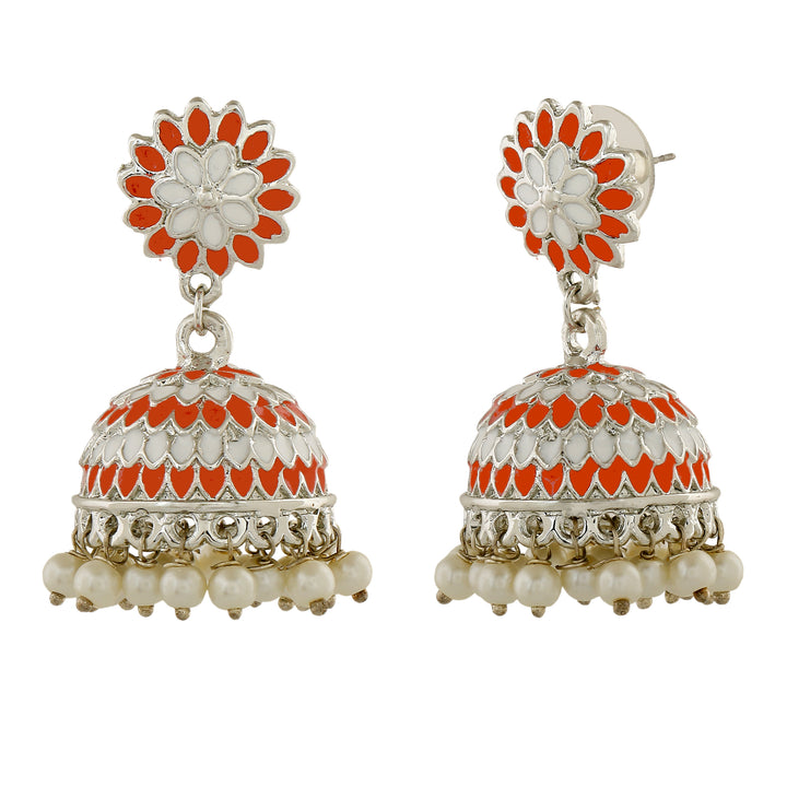 Estele Rhodium Plated Traditional Orange Meenakari Jhumka Earrings with Pearls for Women