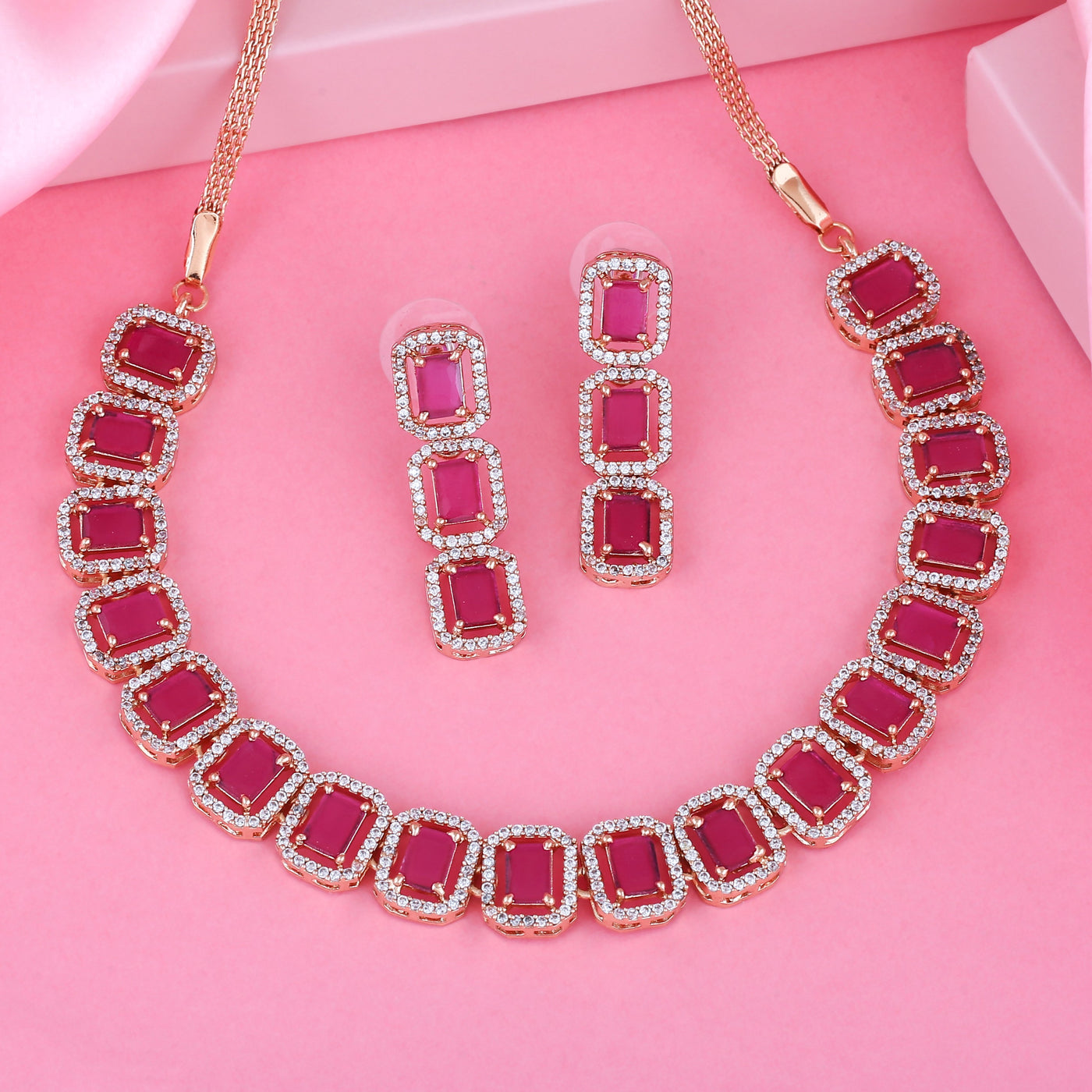 Estele Rose Gold Plated CZ Ossum Octagon Necklace Set with Ruby Stones for Women