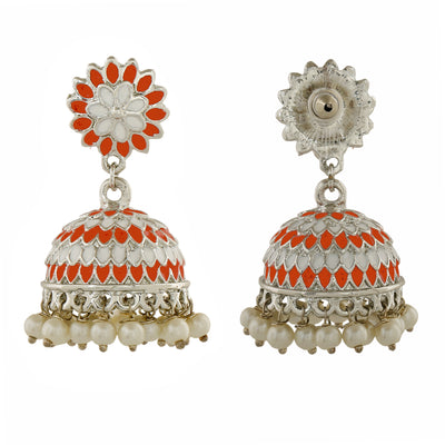 Estele Rhodium Plated Traditional Orange Meenakari Jhumka Earrings with Pearls for Women