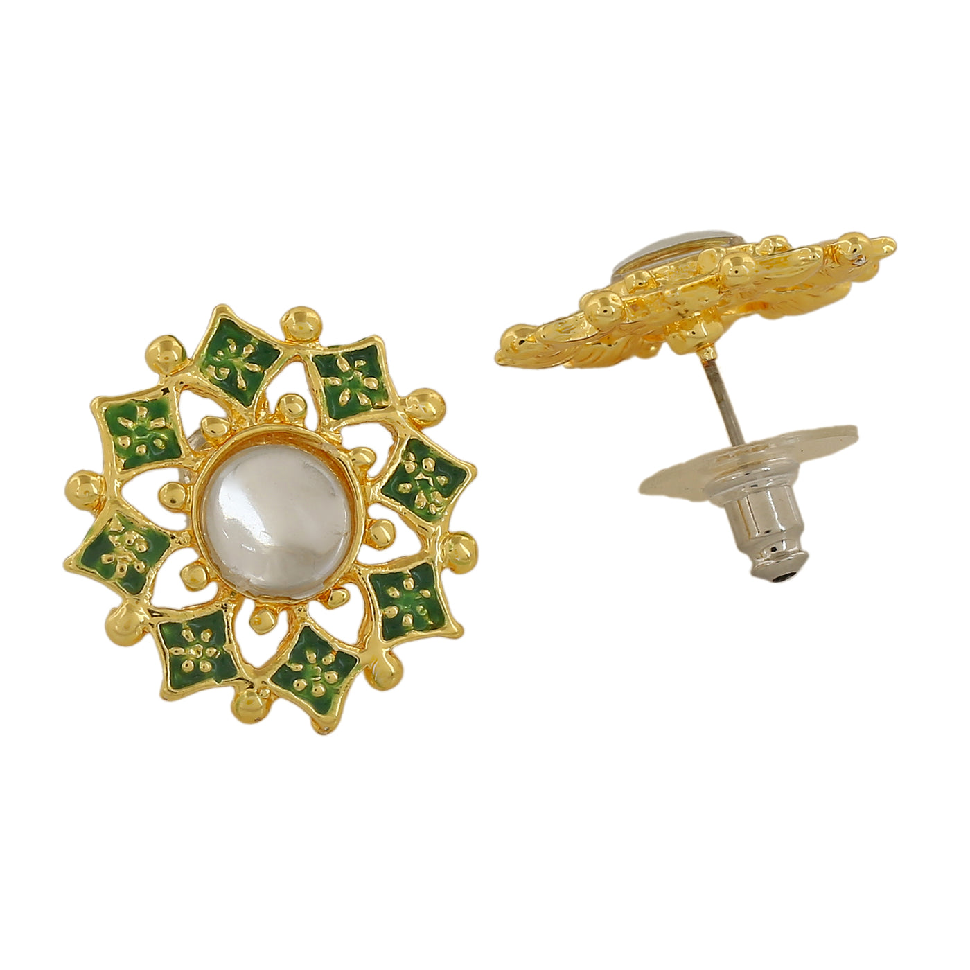 Estele Gold Plated Green Meenakari Kundan Stud Earrings for Women