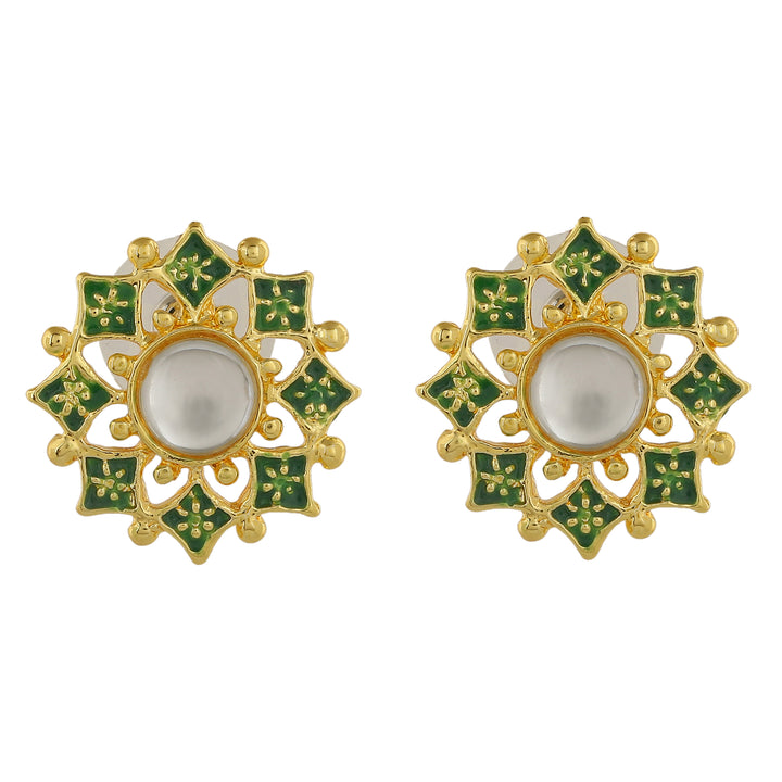 Estele Gold Plated Green Meenakari Kundan Stud Earrings for Women