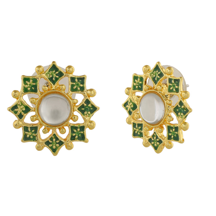 Estele Gold Plated Green Meenakari Kundan Stud Earrings for Women