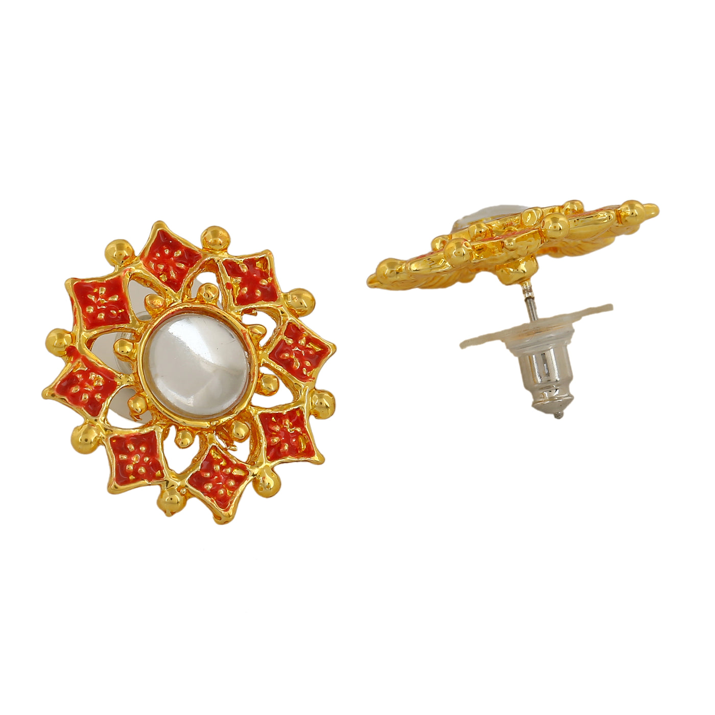 Estele Gold Plated Daisy Flower Shaped Red Meenakari Kundan Stud Earrings for Women