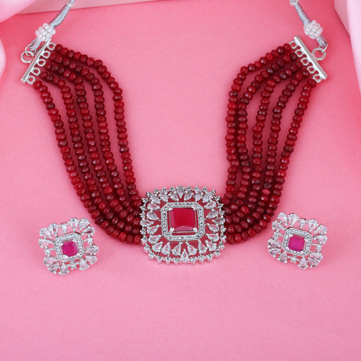 Estele Rhodium Plated CZ Square Choker Necklace Set with Ruby/ Red Beads for Women