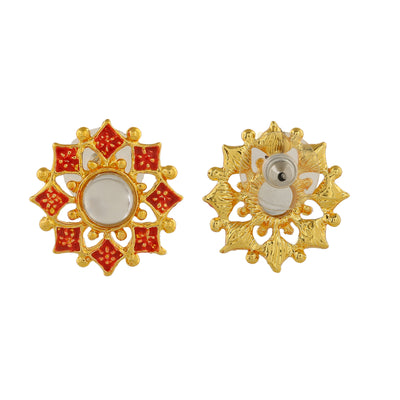 Estele Gold Plated Daisy Flower Shaped Red Meenakari Kundan Stud Earrings for Women