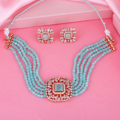 Estele Rose Gold Plated CZ Square Choker Necklace Set with Mint Blue Beads for Women
