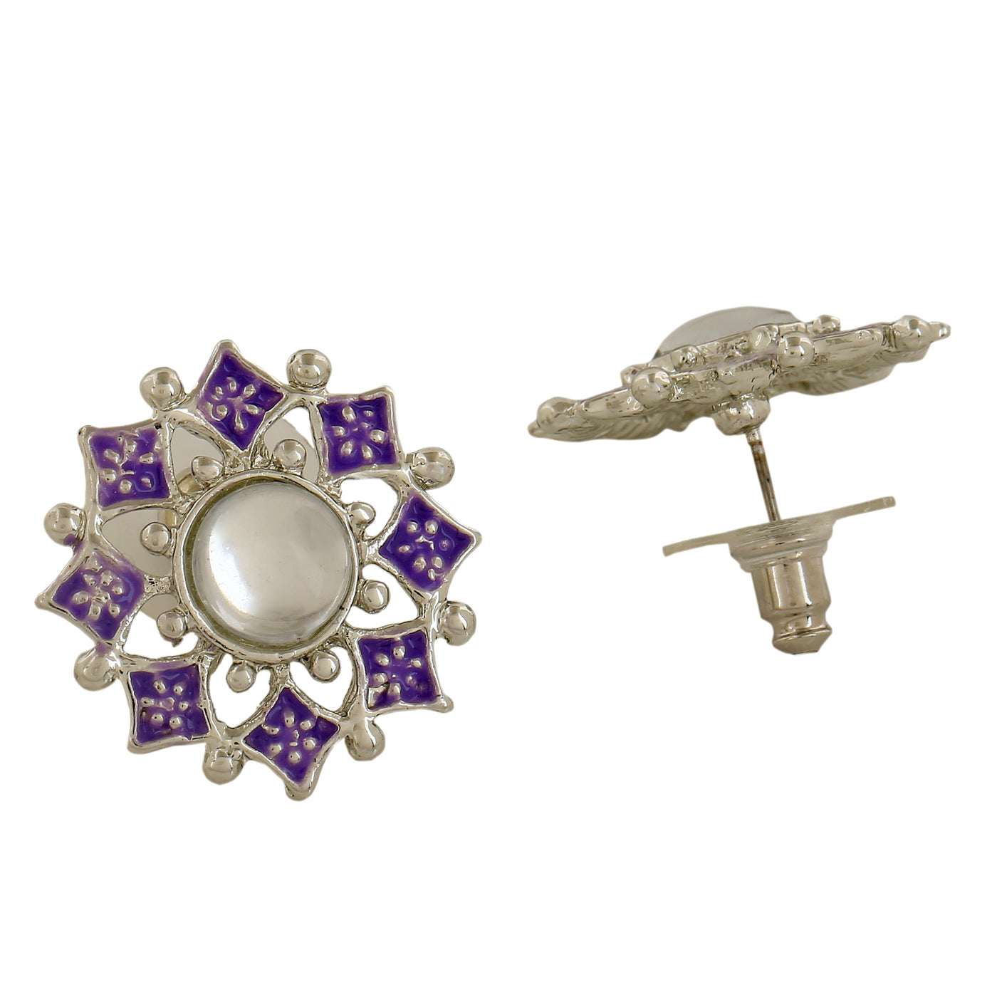 Estele Rhodium Plated Floret Shaped Violet Meenakari Kundan Stud Earrings for Women