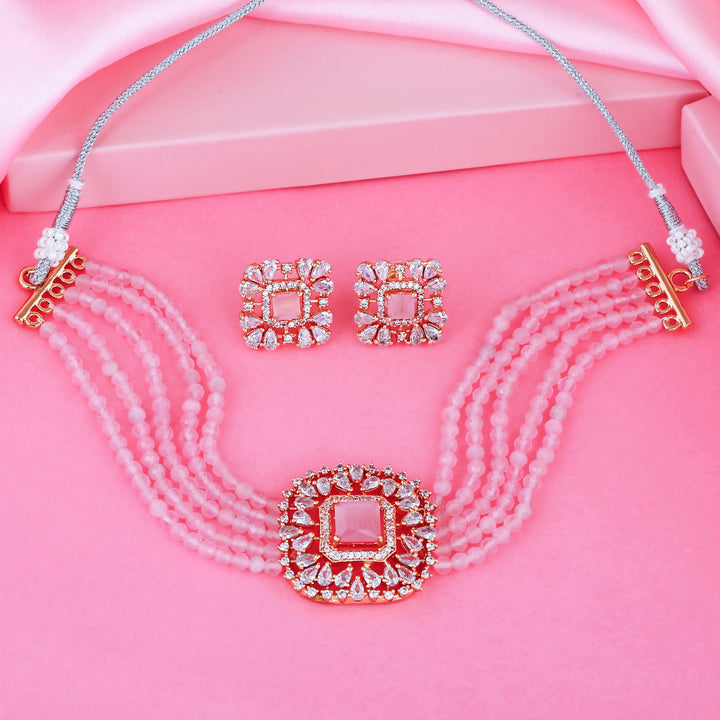 Estele Rose Gold Plated CZ Square Shaped Mint Pink Choker Necklace Set For Women