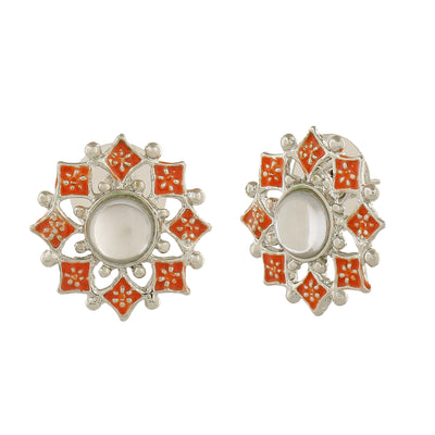 Estele Rhodium Plated Splendid Meenakari Kundan Stud Earrings with Orange Enamel for Women