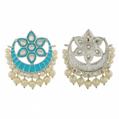 Estele Rhodium Plated Attractive Meenakari Kundan Earrings with Pearl & Blue Enamel for Women