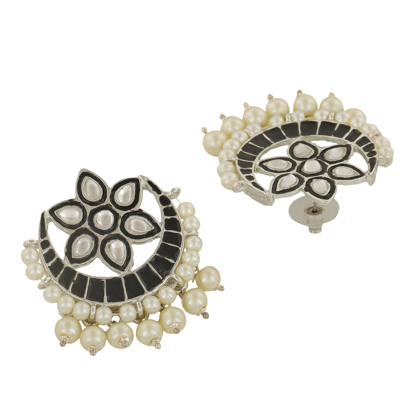 Estele Rhodium Plated Beautiful Kundan Meenakari Earrings with Pearl & Black Enamel for Women