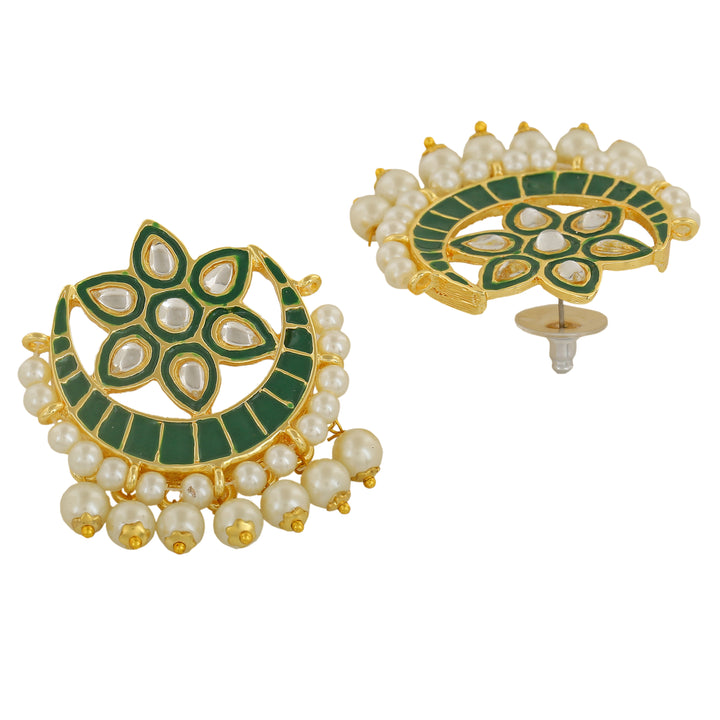 Estele Gold Plated Floret Designer Meenakari Kundan Earrings with Pearl & Green Enamel for Women