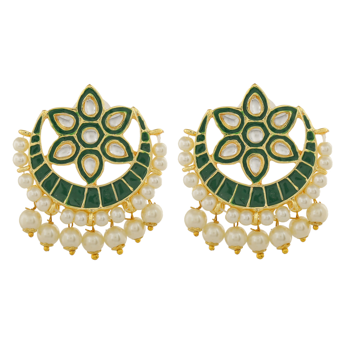 Estele Gold Plated Floret Designer Meenakari Kundan Earrings with Pearl & Green Enamel for Women