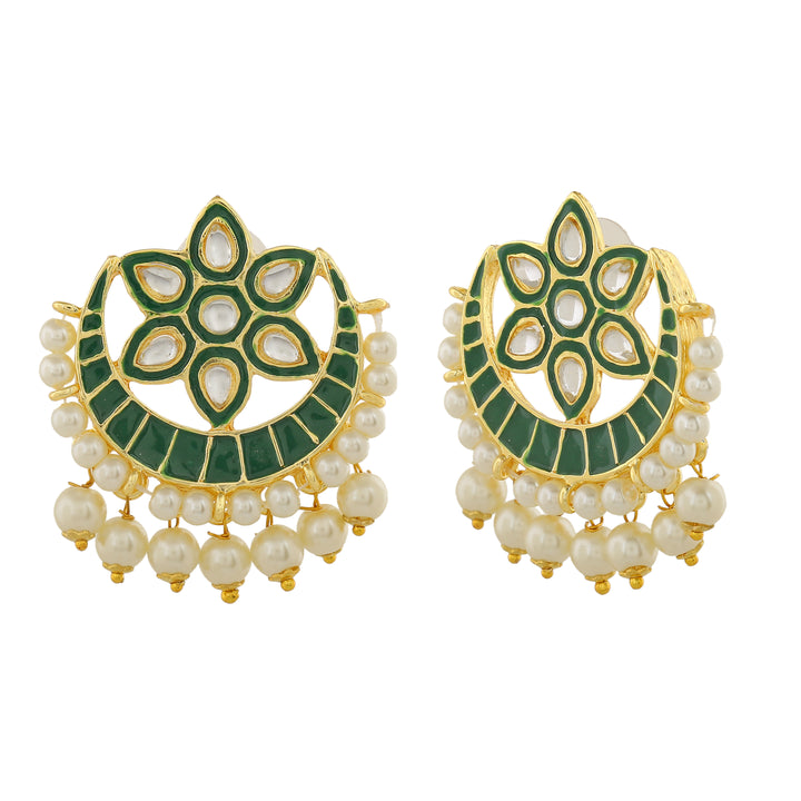 Estele Gold Plated Floret Designer Meenakari Kundan Earrings with Pearl & Green Enamel for Women