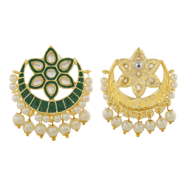 Estele Gold Plated Floret Designer Meenakari Kundan Earrings with Pearl & Green Enamel for Women
