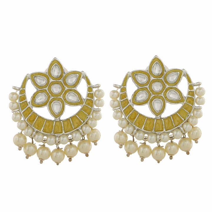 Estele Rhodium Plated Flower Designer Yellow Meenakari Kundan Earrings with Pearl for Women