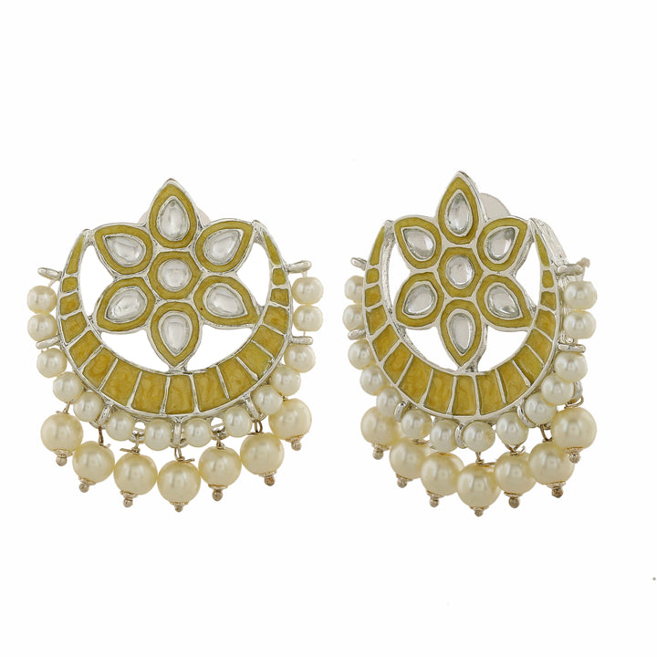 Estele Rhodium Plated Flower Designer Yellow Meenakari Kundan Earrings with Pearl for Women
