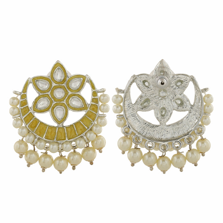 Estele Rhodium Plated Flower Designer Yellow Meenakari Kundan Earrings with Pearl for Women