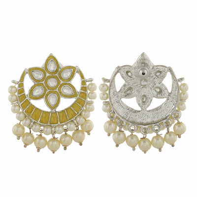 Estele Rhodium Plated Flower Designer Yellow Meenakari Kundan Earrings with Pearl for Women