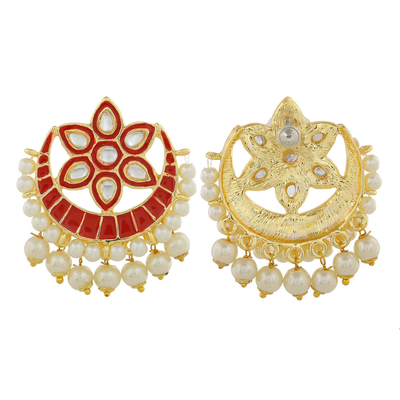 Estele Gold Plated Flower Shaped Kundan Meenakari Earrings with Pearl & Red Enamel for Women