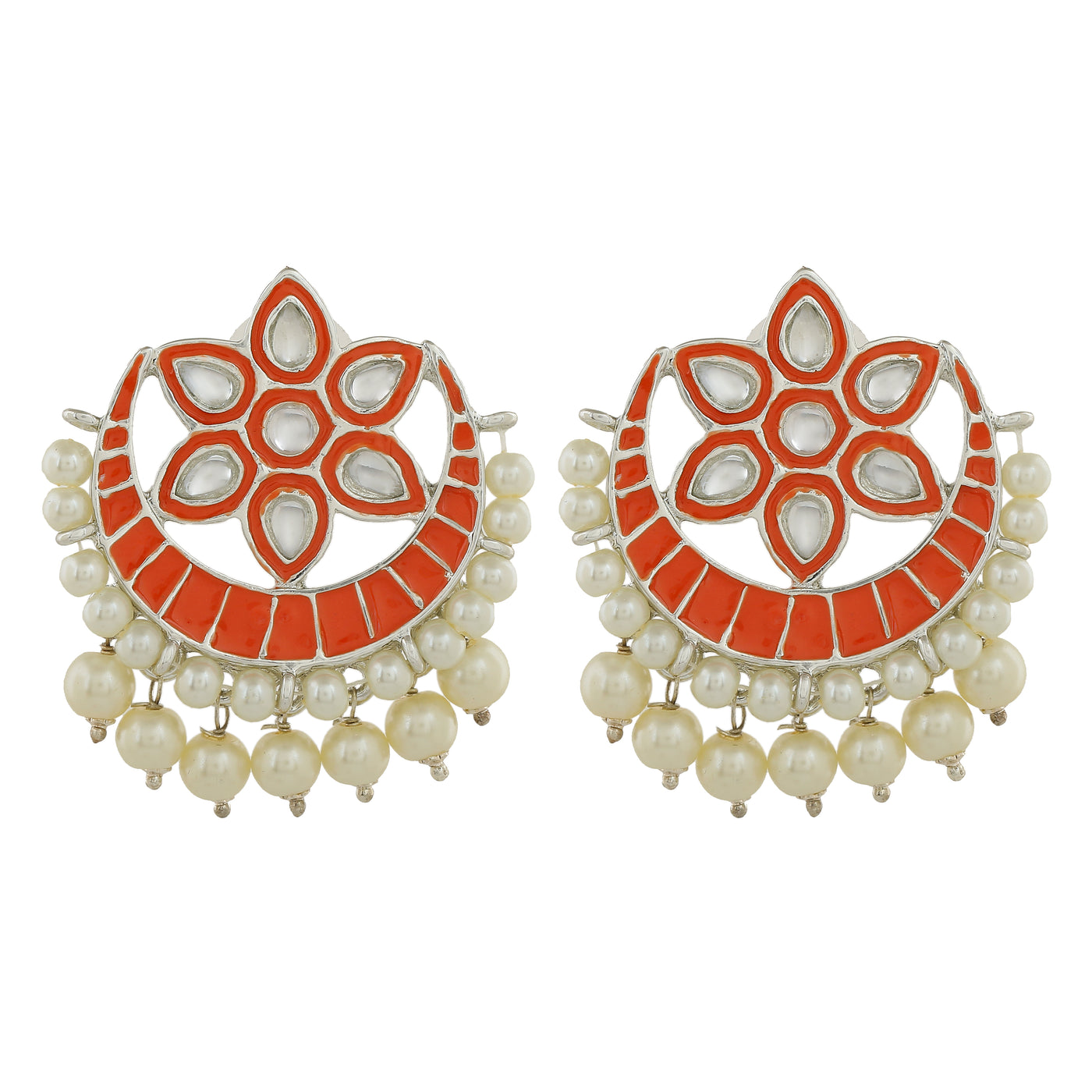 Estele Rhodium Plated Ravishing Kundan Meenakari Earrings with Pearl & Orange Enamel for Women