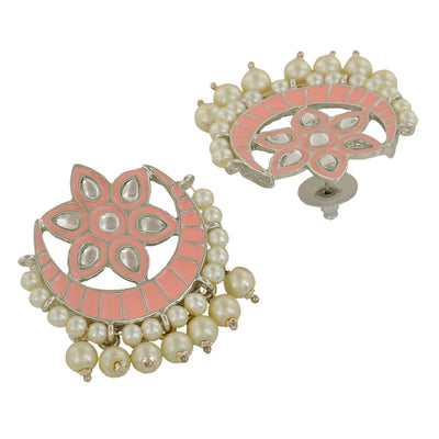 Estele Rhodium Plated Adorable Kundan Meenakari Earrings with Pearl & Pink Enamel for Women