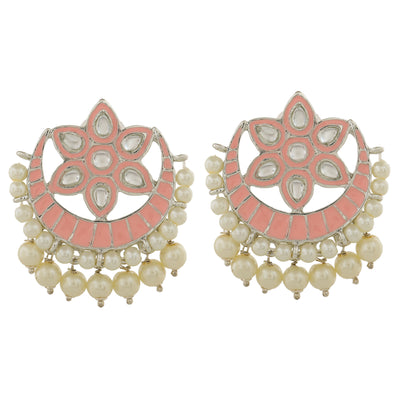 Estele Rhodium Plated Adorable Kundan Meenakari Earrings with Pearl & Pink Enamel for Women
