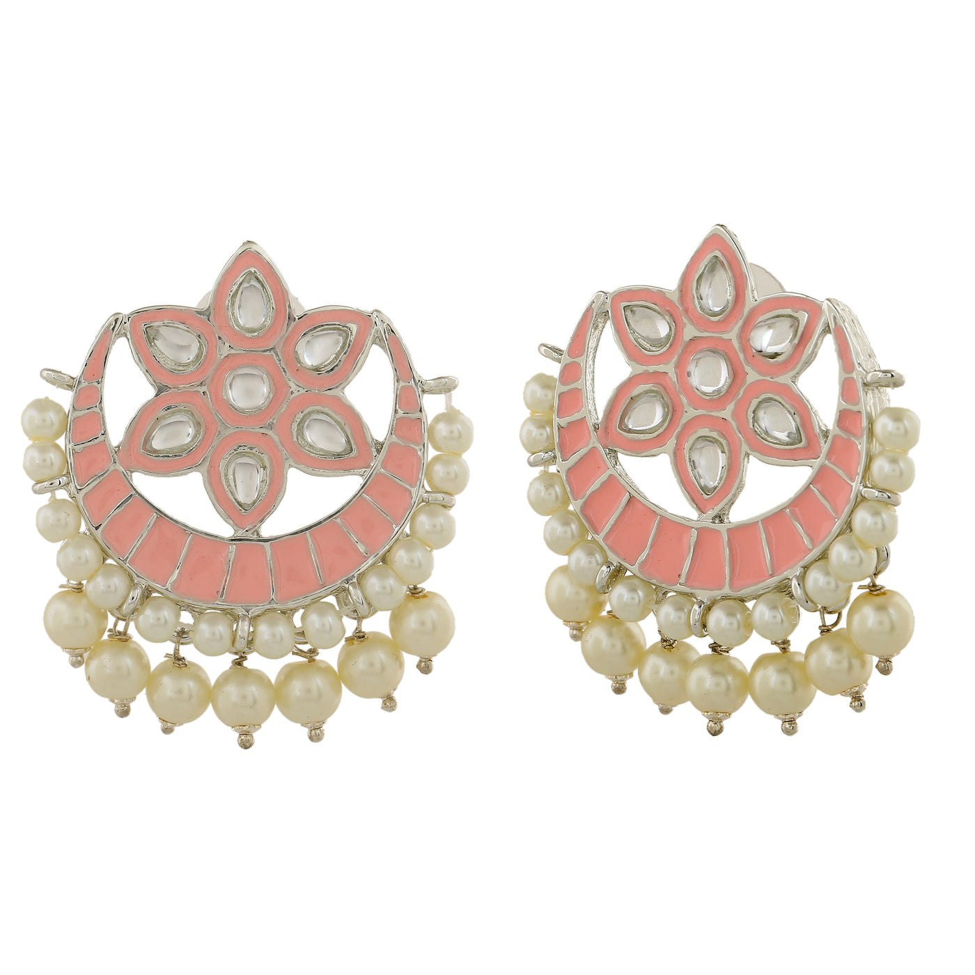 Estele Rhodium Plated Adorable Kundan Meenakari Earrings with Pearl & Pink Enamel for Women