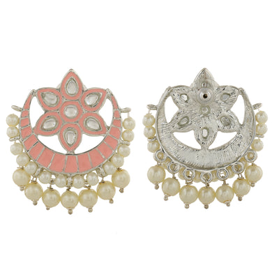 Estele Rhodium Plated Adorable Kundan Meenakari Earrings with Pearl & Pink Enamel for Women