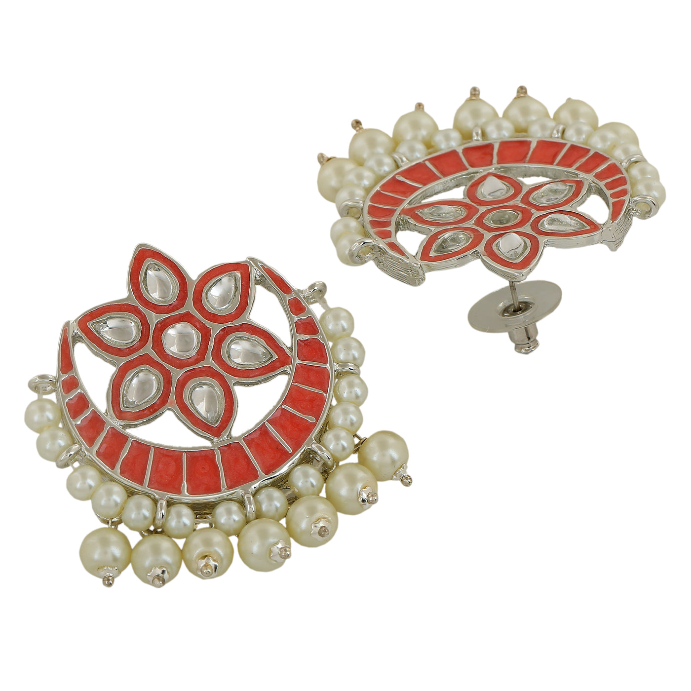 Estele Rhodium Plated Charming Meenakari Kundan Earrings with Pearl & Pink Enamel for Women