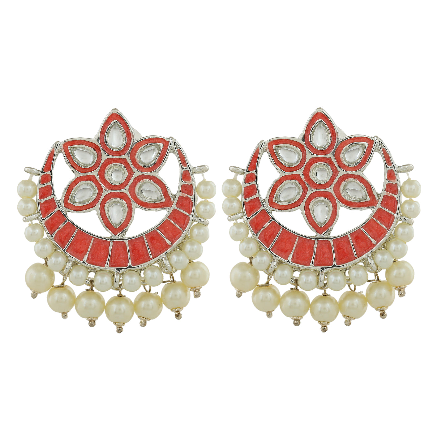 Estele Rhodium Plated Charming Meenakari Kundan Earrings with Pearl & Pink Enamel for Women