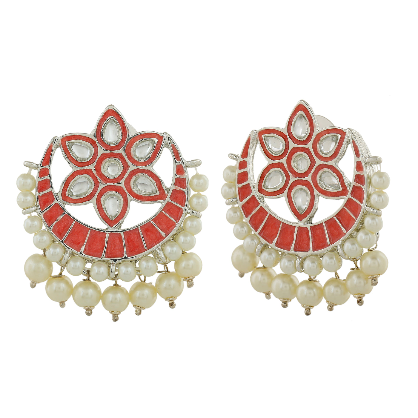 Estele Rhodium Plated Charming Meenakari Kundan Earrings with Pearl & Pink Enamel for Women