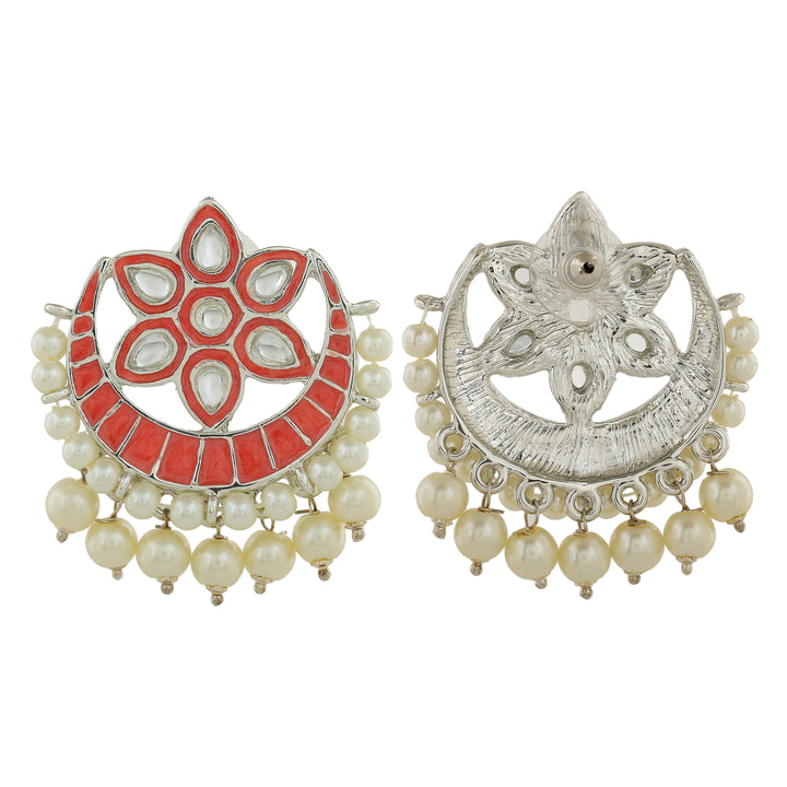 Estele Rhodium Plated Charming Meenakari Kundan Earrings with Pearl & Pink Enamel for Women