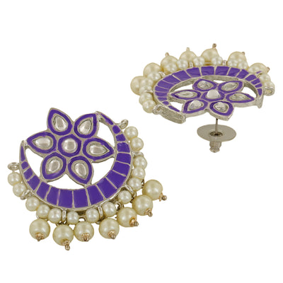 Estele Rhodium Plated Violet Meenakari Kundan Earrings with Pearl for Women