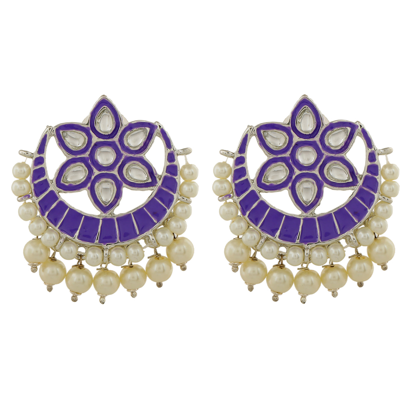 Estele Rhodium Plated Violet Meenakari Kundan Earrings with Pearl for Women
