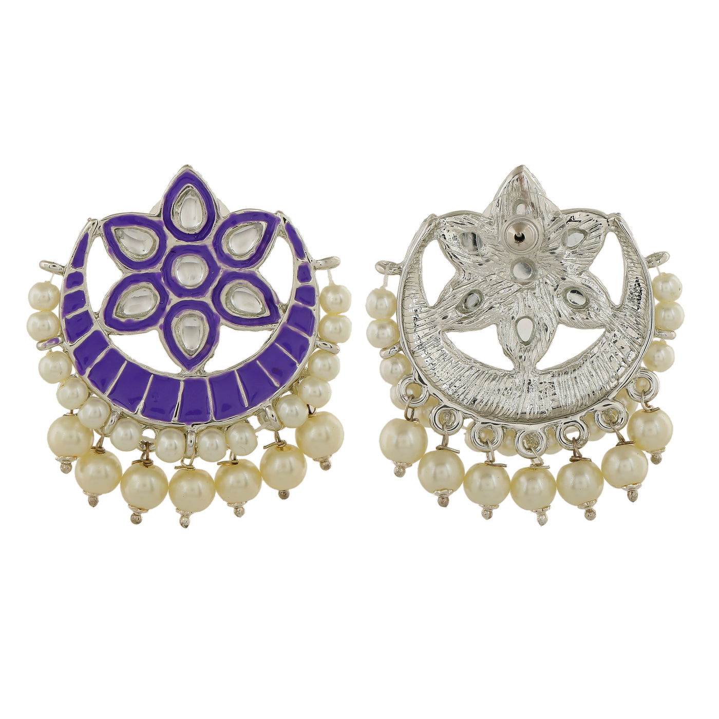 Estele Rhodium Plated Violet Meenakari Kundan Earrings with Pearl for Women