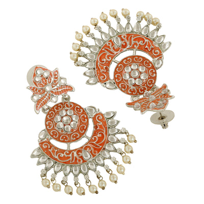 Estele Rhodium Plated Beautiful Traditional Orange Meenakari Drop Earrings with Pearl for Women