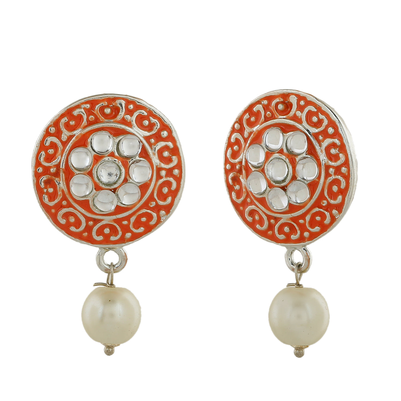 Estele Rhodium Plated Stunning Meenakari Pearl Drop Earrings with Kundan for Women