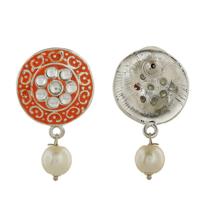 Estele Rhodium Plated Stunning Meenakari Pearl Drop Earrings with Kundan for Women