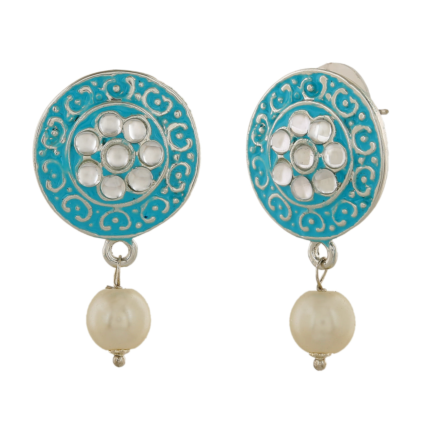 Estele Rhodium Plated Sparkling Meenakari Pearl Drop Earrings with Kundan for Women