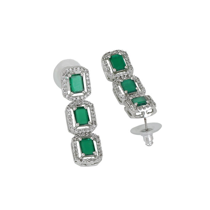Estele Rhodium Plated CZ Ossum Octagon Necklace Set with Emerald Stones for Women