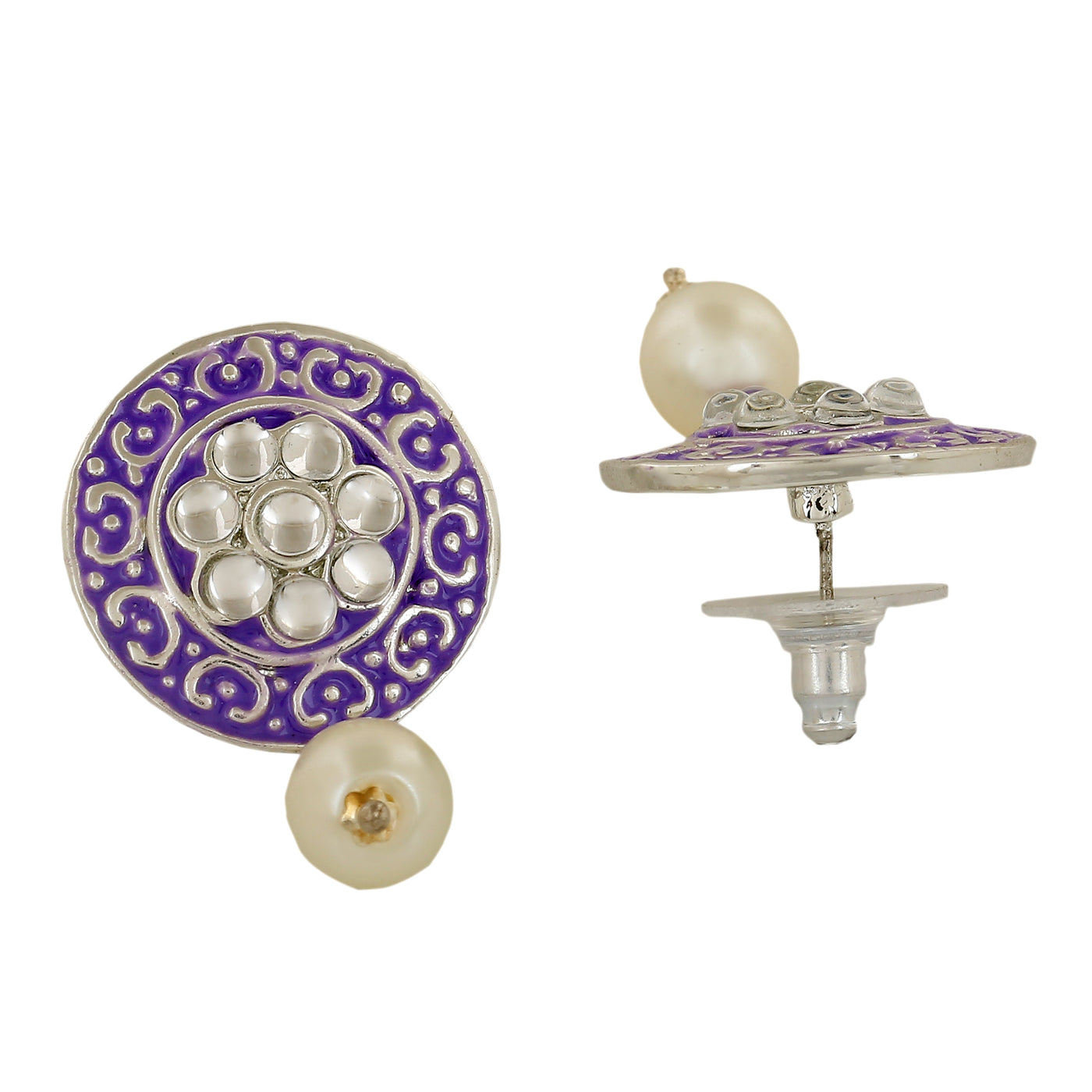 Estele Rhodium Plated Exquisite Meenakari Pearl Drop Earrings with Kundan for Women