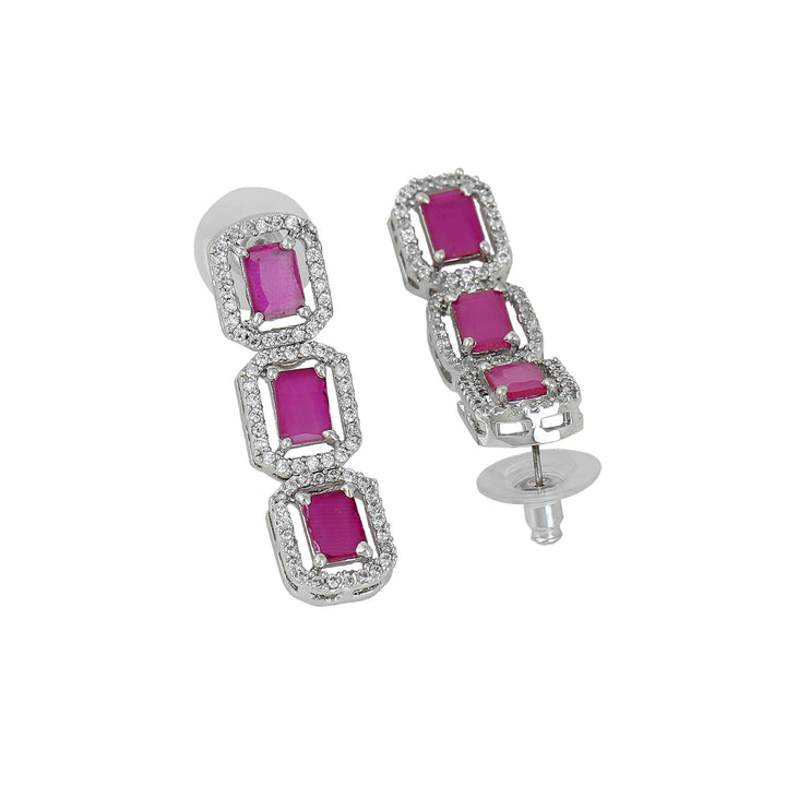 Estele Rhodium Plated CZ Ossum Octagon Necklace Set with Ruby stones for Women