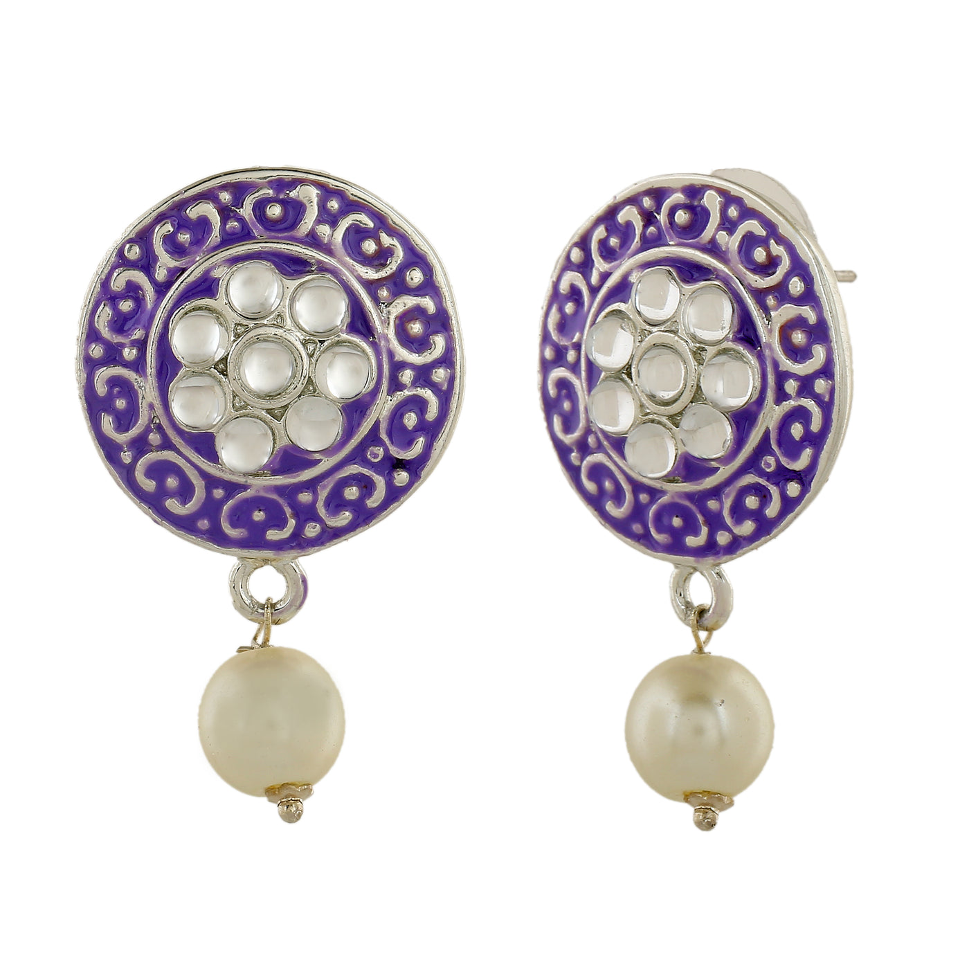 Estele Rhodium Plated Exquisite Meenakari Pearl Drop Earrings with Kundan for Women