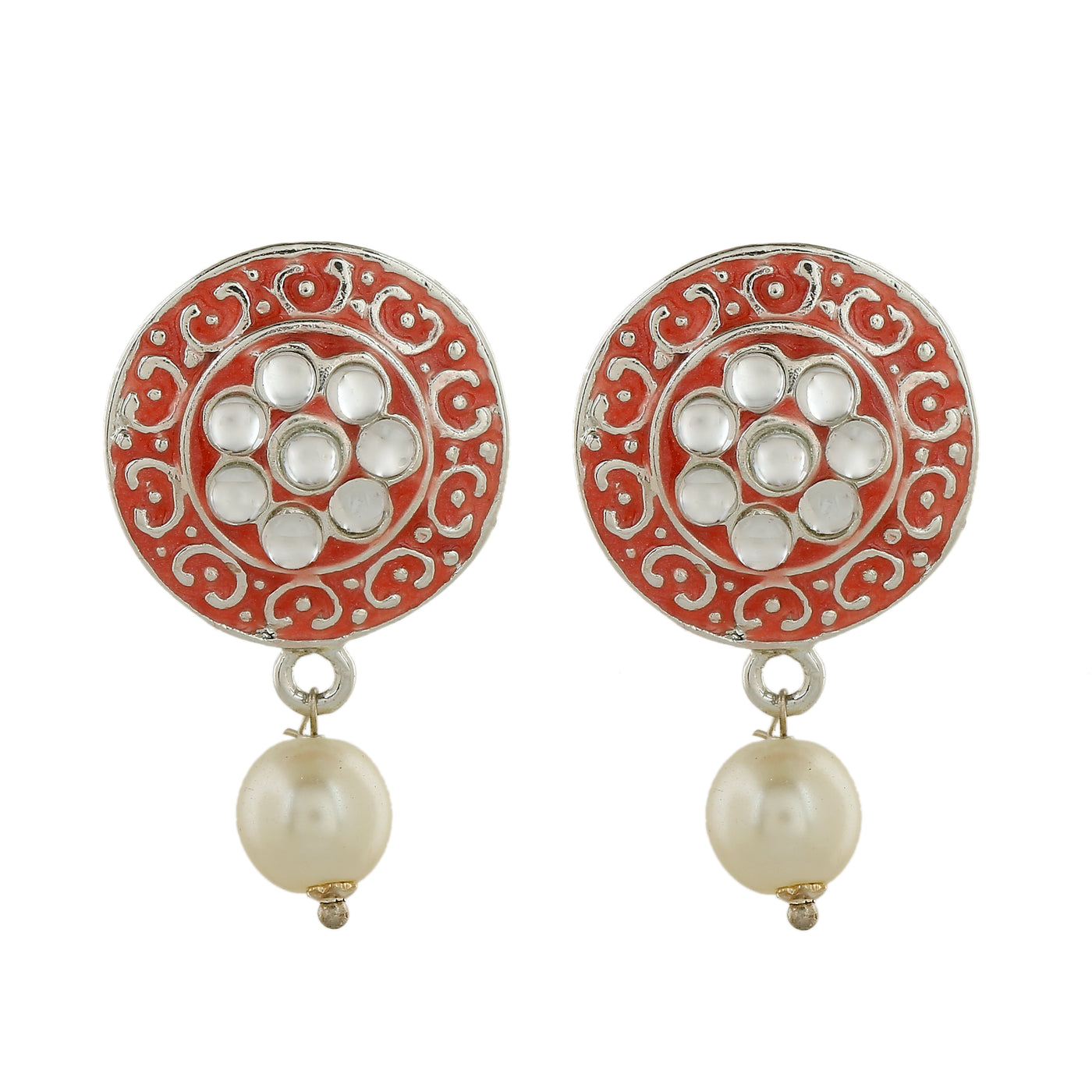 Estele Rhodium Plated Sparkling Meenakari Drop Earrings with Pearl for Women