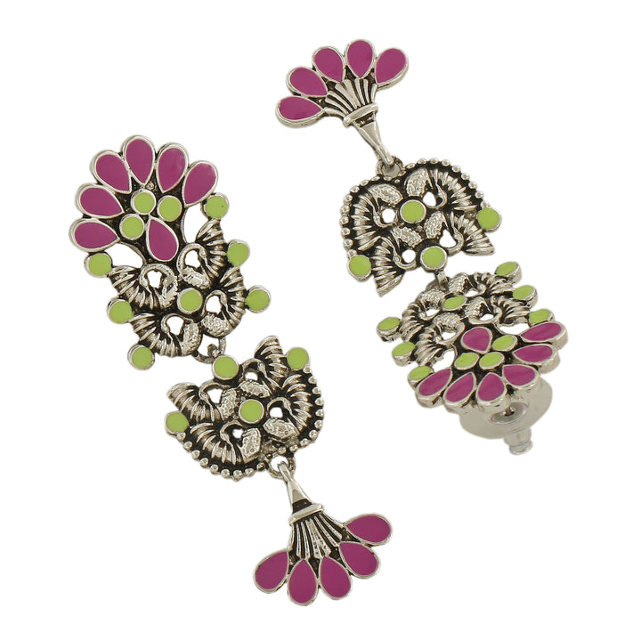 Estele Rhodium Plated Oxidised Fascinating Meenakari Earrings with Multi-color Enamel for Women